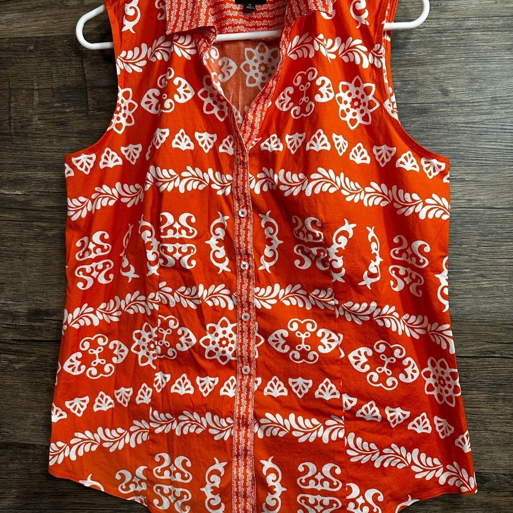 Talbots Orange and White Polo Collar Button Down Tank Top